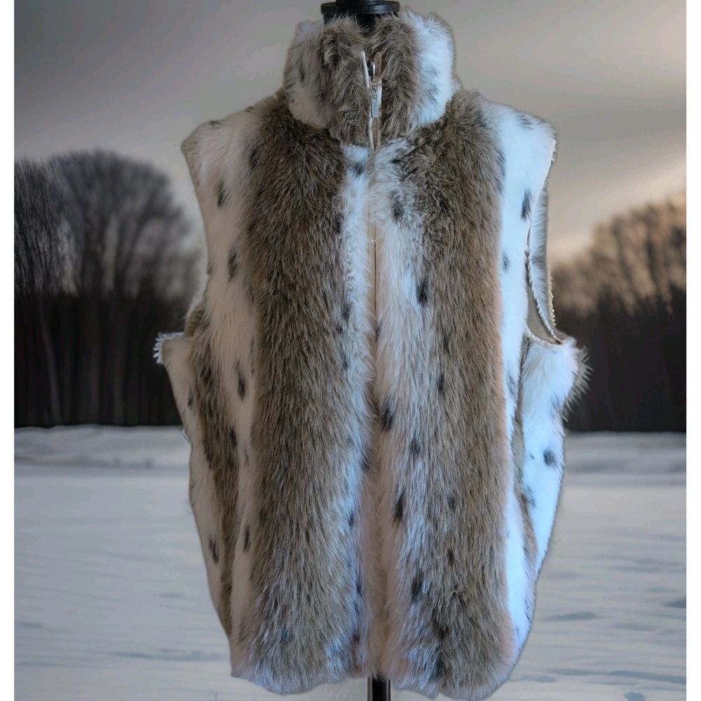 Giacca Reversible Vest Women's Plus 1X Ivory Faux Snow Leopard Fur Full Zip